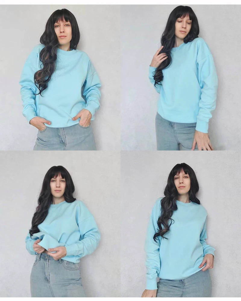 Blue Cotton Sweatshirts Oversize Women O Neck Loose Pullovers Long Sleeve.