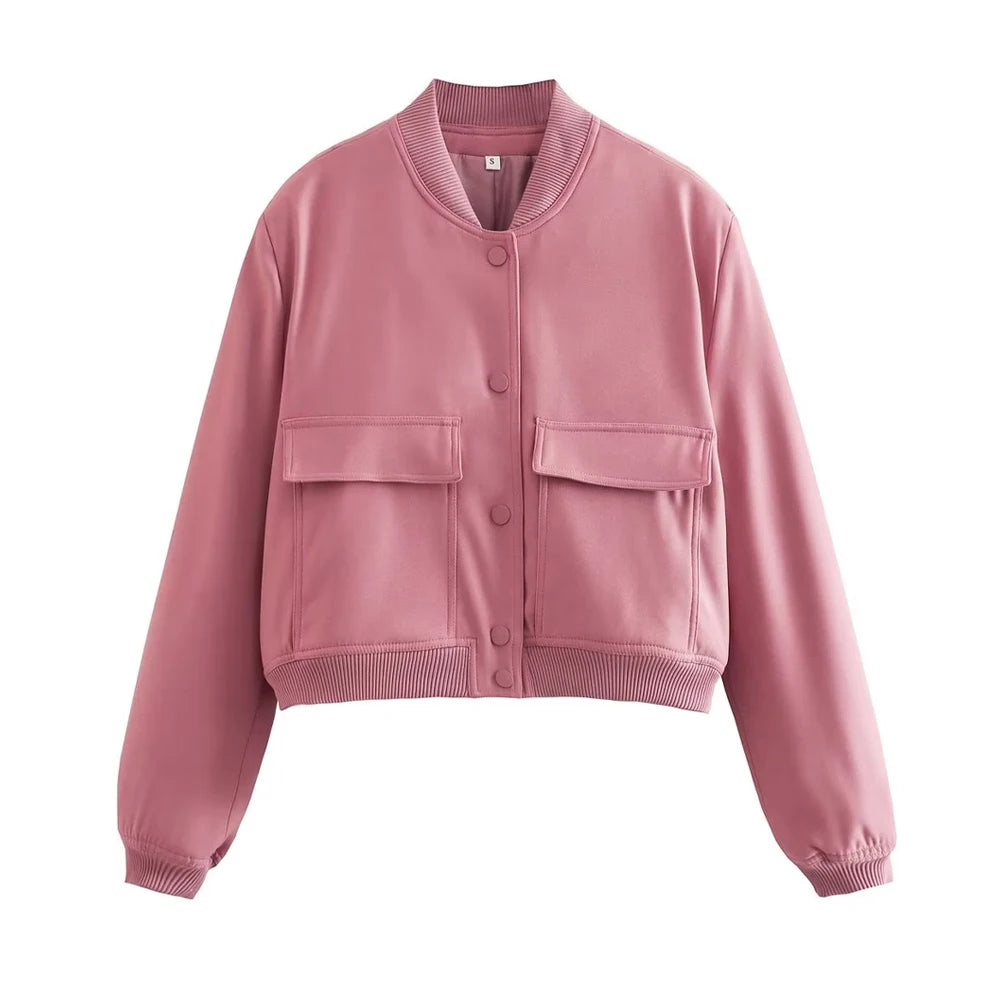 Women Fashion Bomber Jacket With Pockets Casual Vintage Outerwear Coat