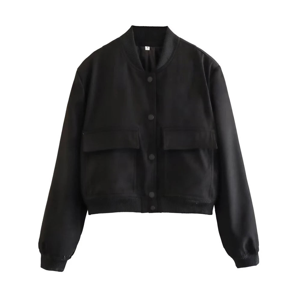 Women Fashion Bomber Jacket With Pockets Casual Vintage Outerwear Coat