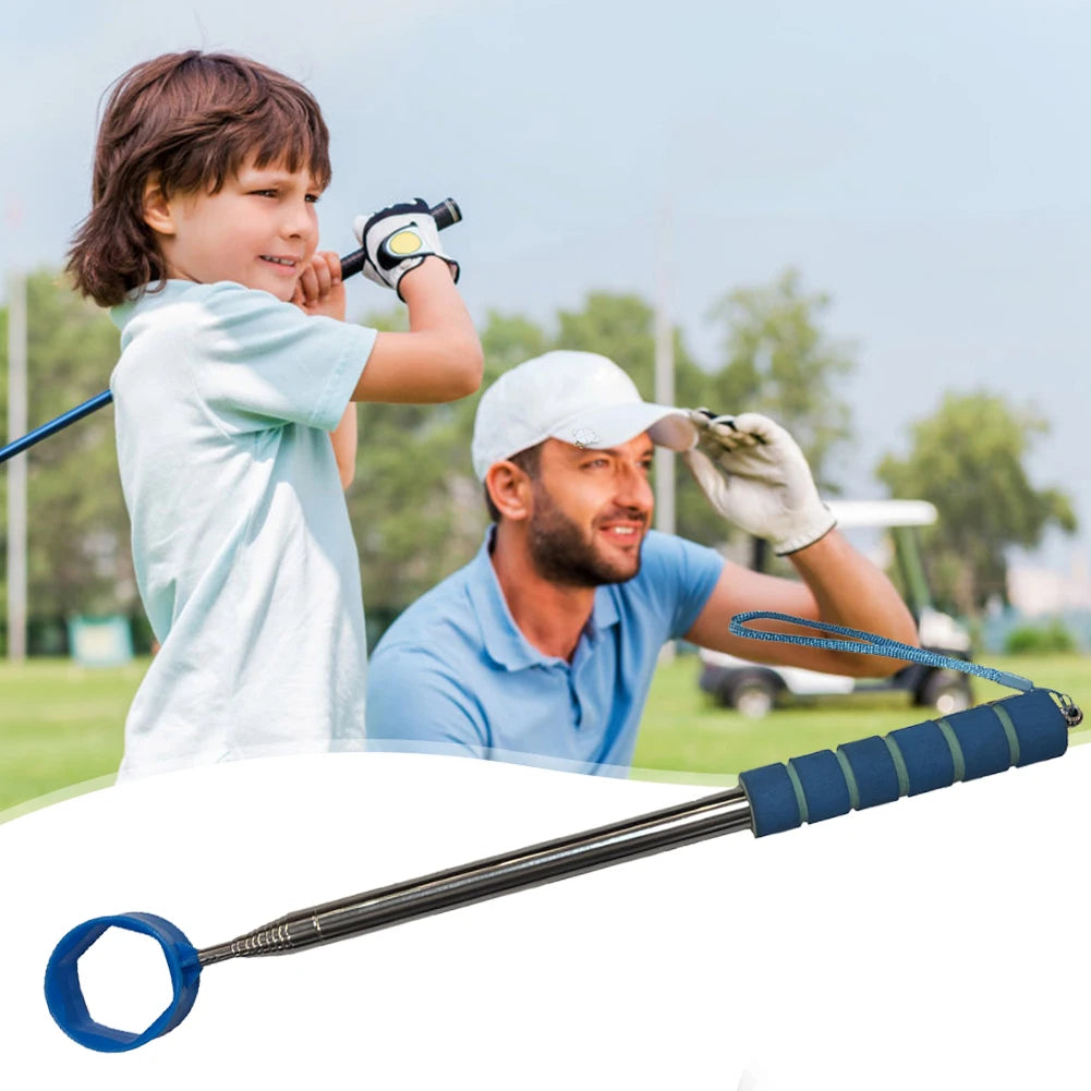 Man and child playing golf with a focus on the golf club handle.