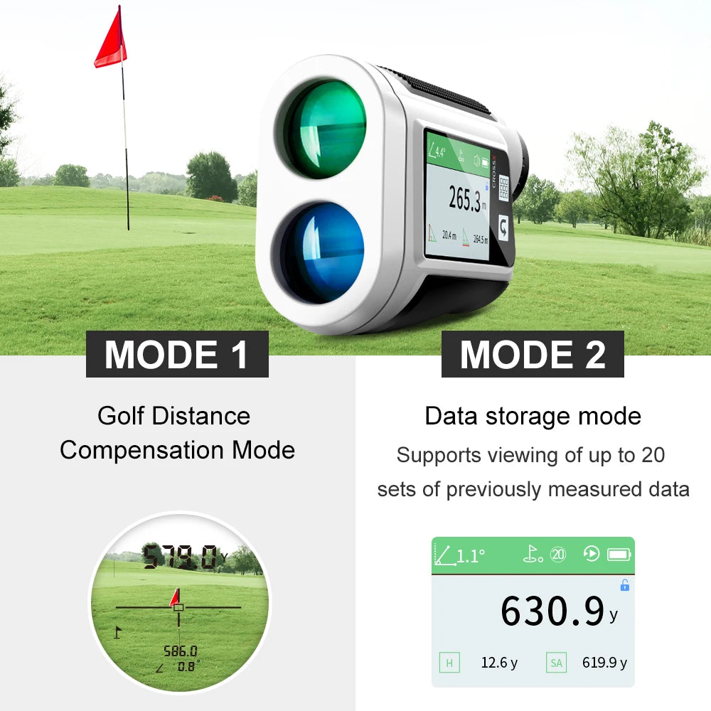 golf rangefinder with slope compensation UK - Golf distance measuring device with modes and data display on a golf course background