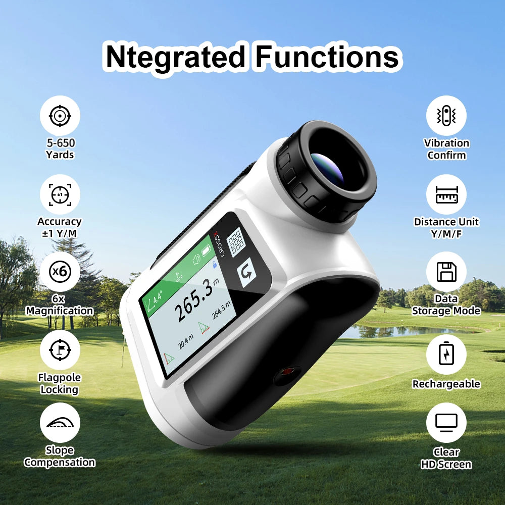 golf rangefinder with slope compensation UK - Golf distance measurer with features listed on a golf course background