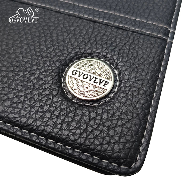 Golf scorecard holder UK - Close-up of a black leather wallet with 'GVOVLVF' branding on a white background