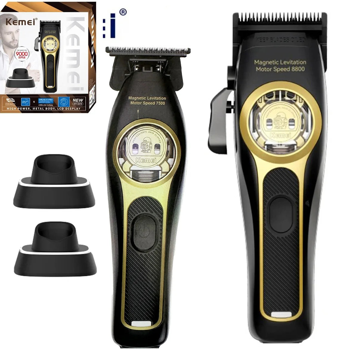 Kemei hair trimmer with attachments and packaging on a white background
