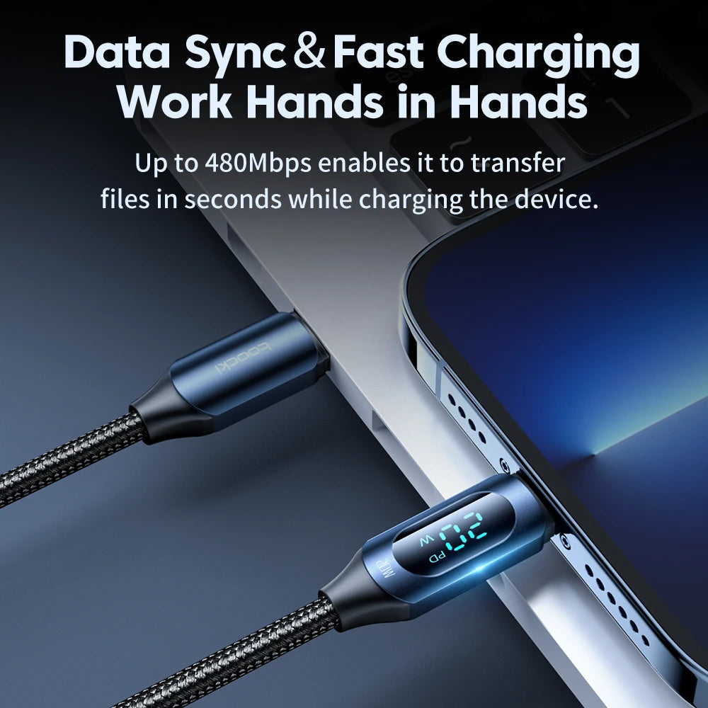 Data sync and fast charging cable with digital display on a dark background