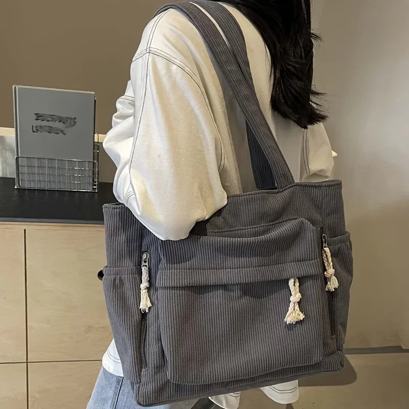 Multi-Pocket Corduroy Women’s Shoulder Tote Bag