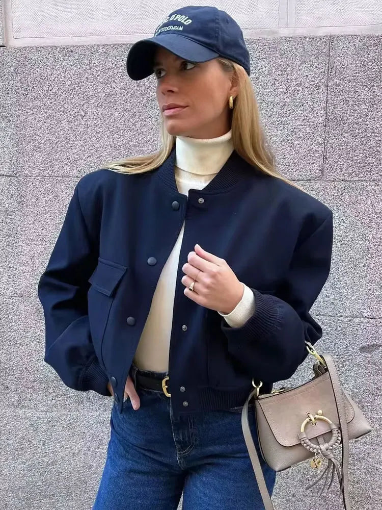 Women Fashion Bomber Jacket With Pockets Casual Vintage Outerwear Coat