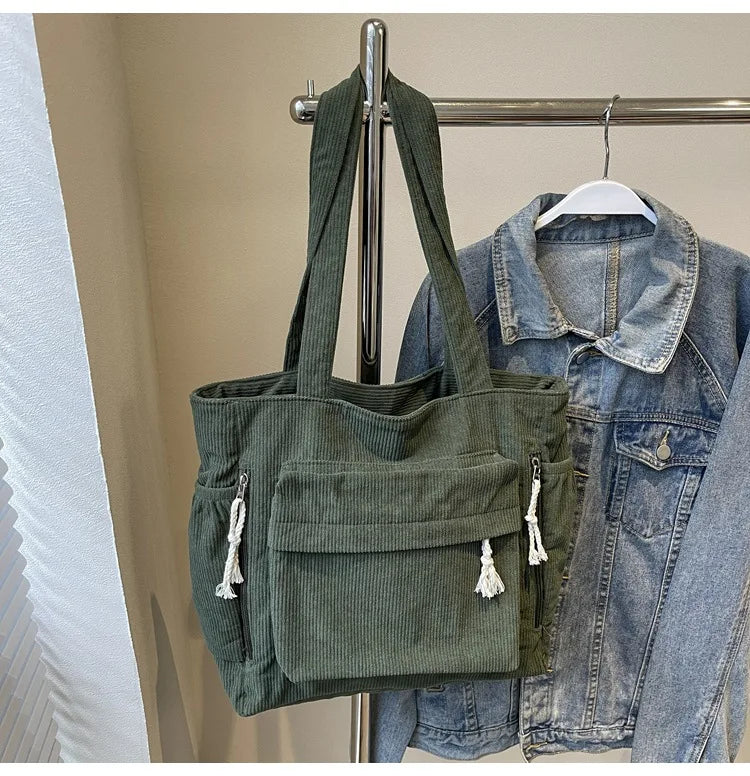 Multi-Pocket Corduroy Women’s Shoulder Tote Bag