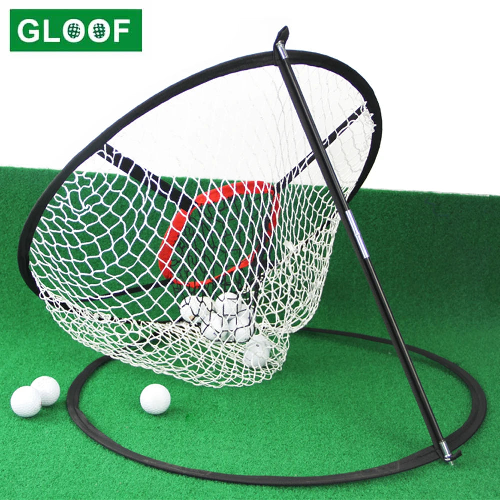 Golf practice net with balls on a green surface, branded 'GLOOF'.