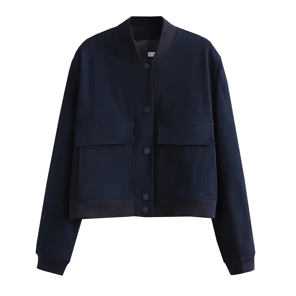 Women Fashion Bomber Jacket With Pockets Casual Vintage Outerwear Coat
