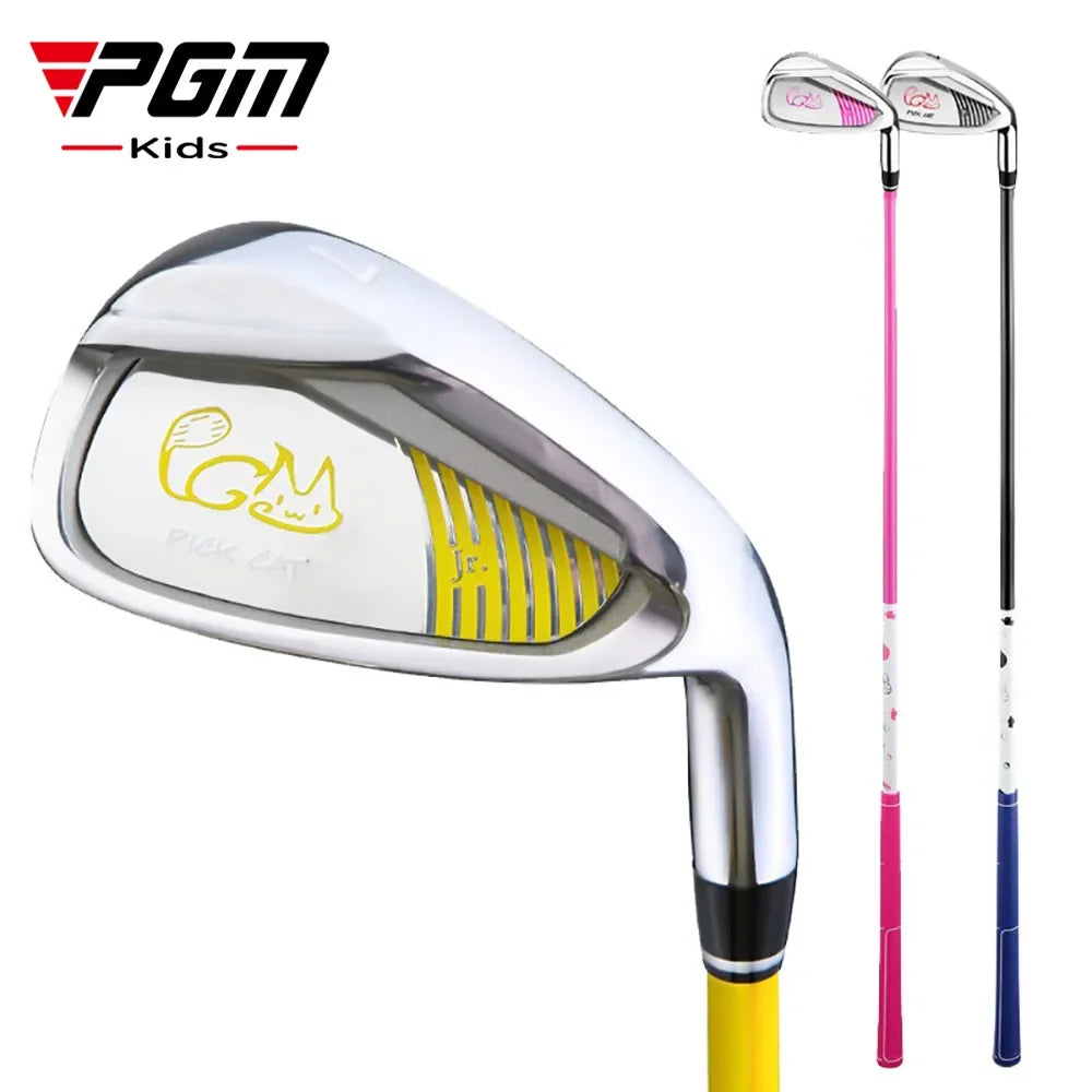 Junior golf club UK - PGM Kids Pick EAT golf iron shown on a white background, with the main club head close-up and two additional views of the iron including pink and black shafts with blue and pink grips. PGM Kids logo is visible in the top left.