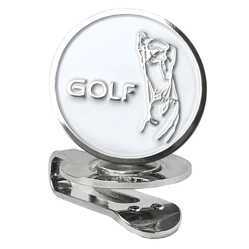 golf ball marker UK - Metallic golf ball marker with a golfer icon and 'GOLF' text on a white background