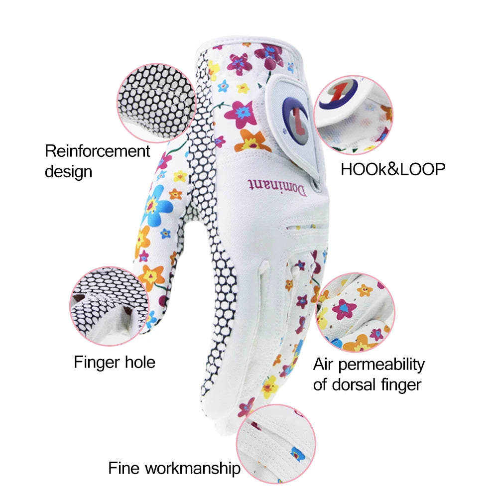 Women's Golf gloves UK  with floral design and text highlighting features on a white background
