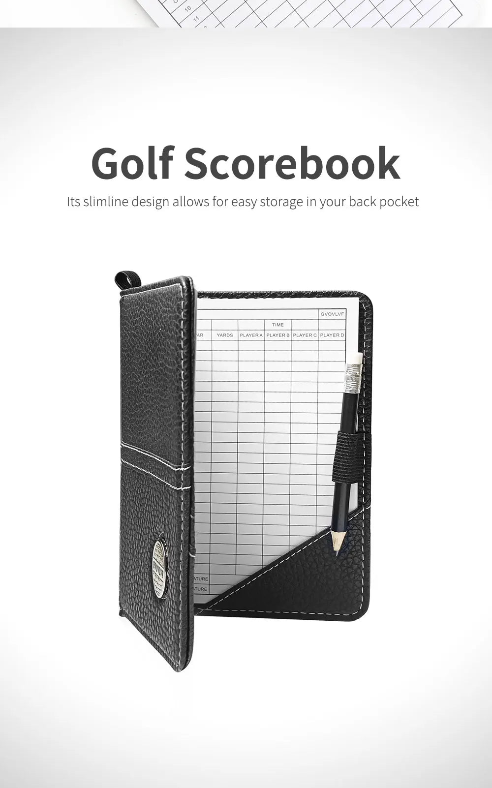 Golf scorecard holder UK - A black leather golf scorebook with a textured cover, shown open to reveal a printed scorecard page and a pen in a side pocket. Text above reads 'Golf Scorebook' with a subtitle about easy storage in the back pocket.