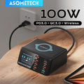 ASOMETECH 100W 8 Ports USB Fast Charger Station With Wireless Charging Digital Display QC3.0 PD3.0 Phone Charger For iPhone 17
