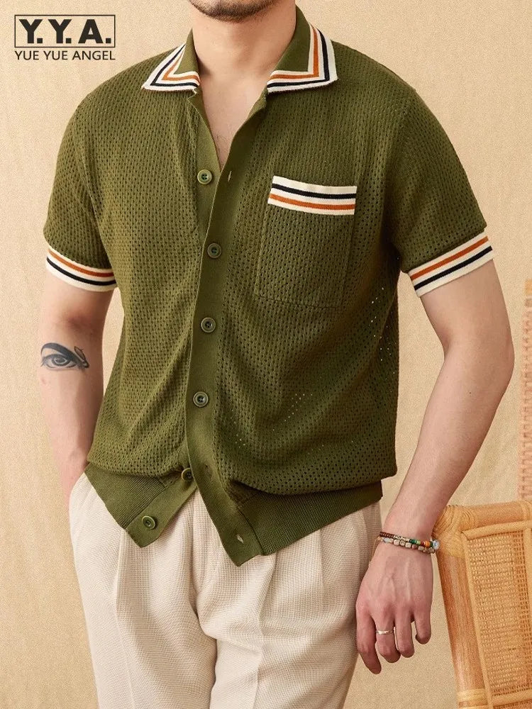 Summer Men's Breathable Hollow Out Knitted Shirt Business Casual