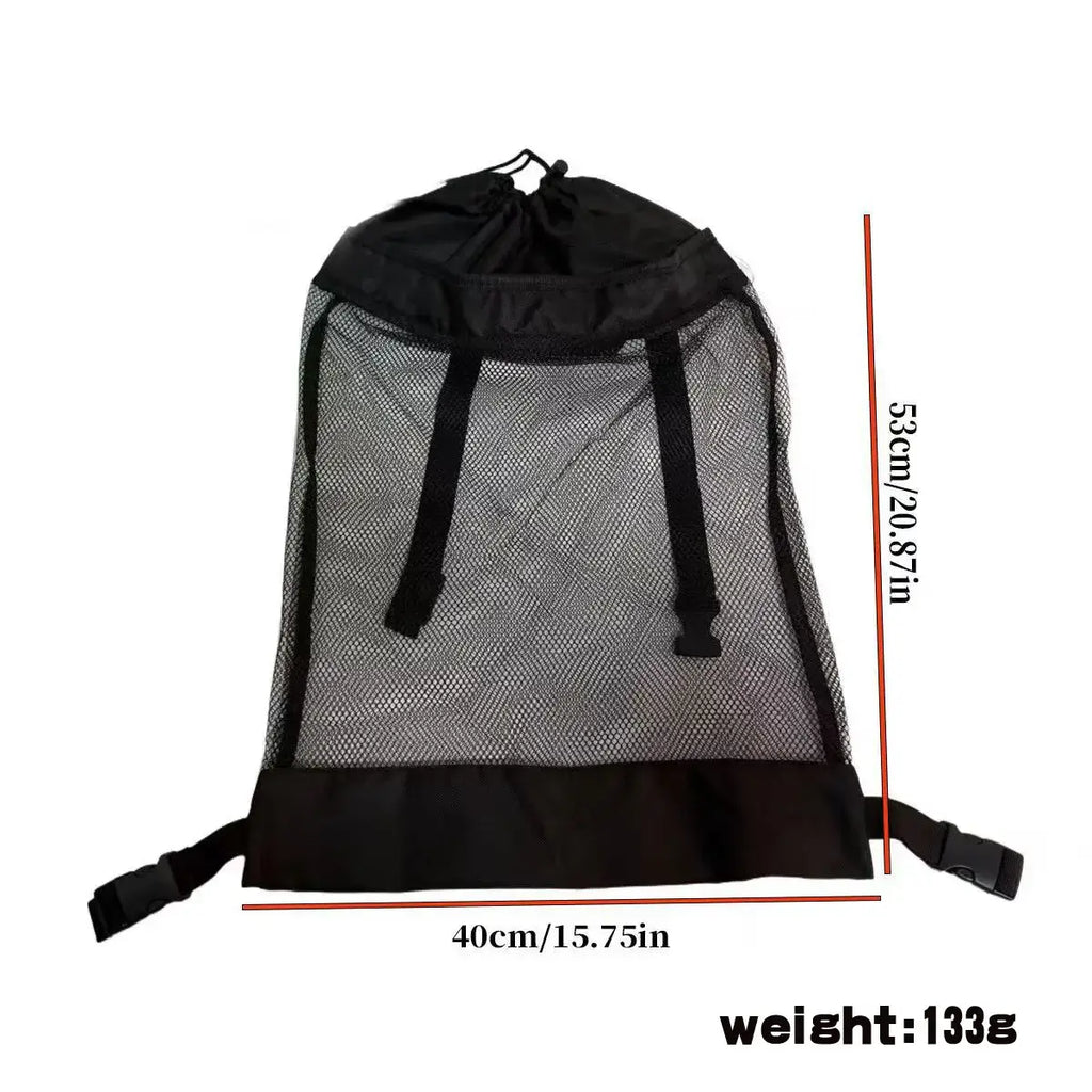 Black mesh drawstring bag with measurements and weight displayed on a white background