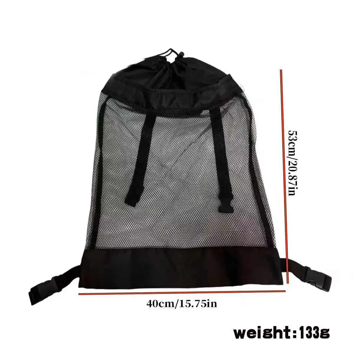 Black mesh drawstring bag with measurements and weight displayed on a white background