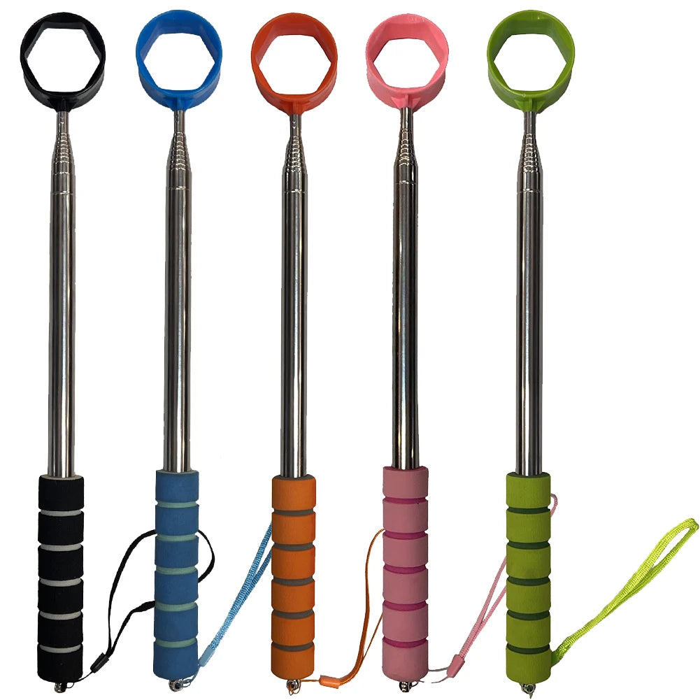 Five telescopic sticks with colorful handles on a white background