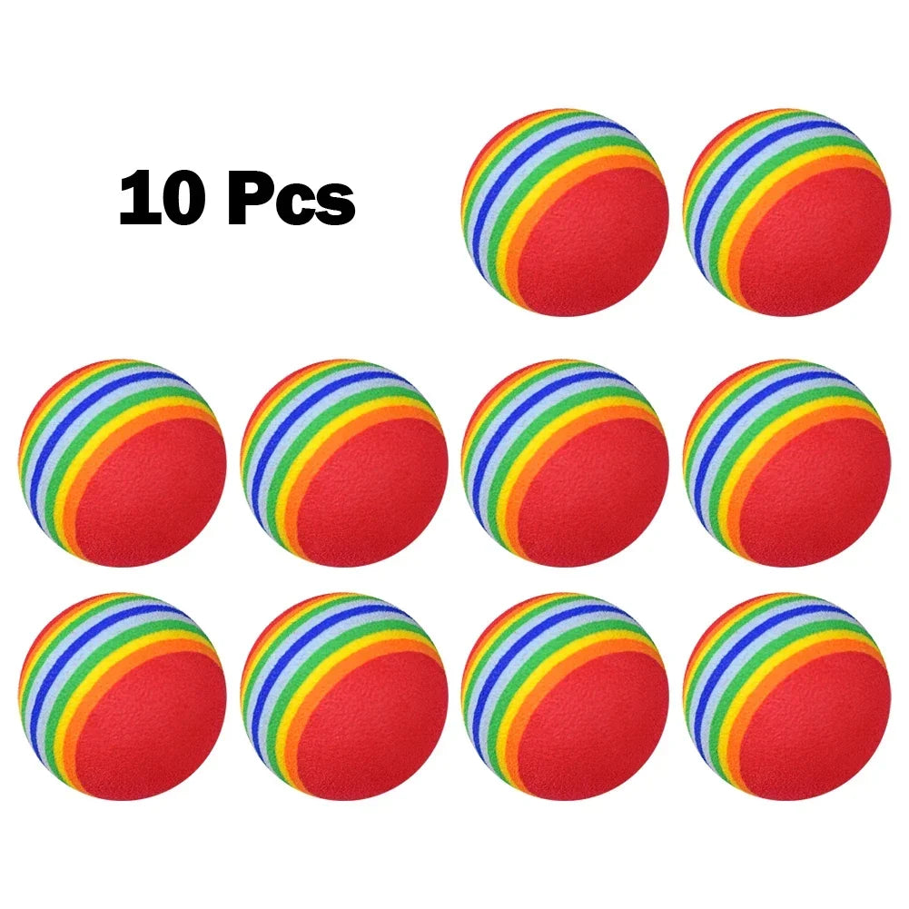 10 red foam golf balls UK with rainbow stripes on a white background