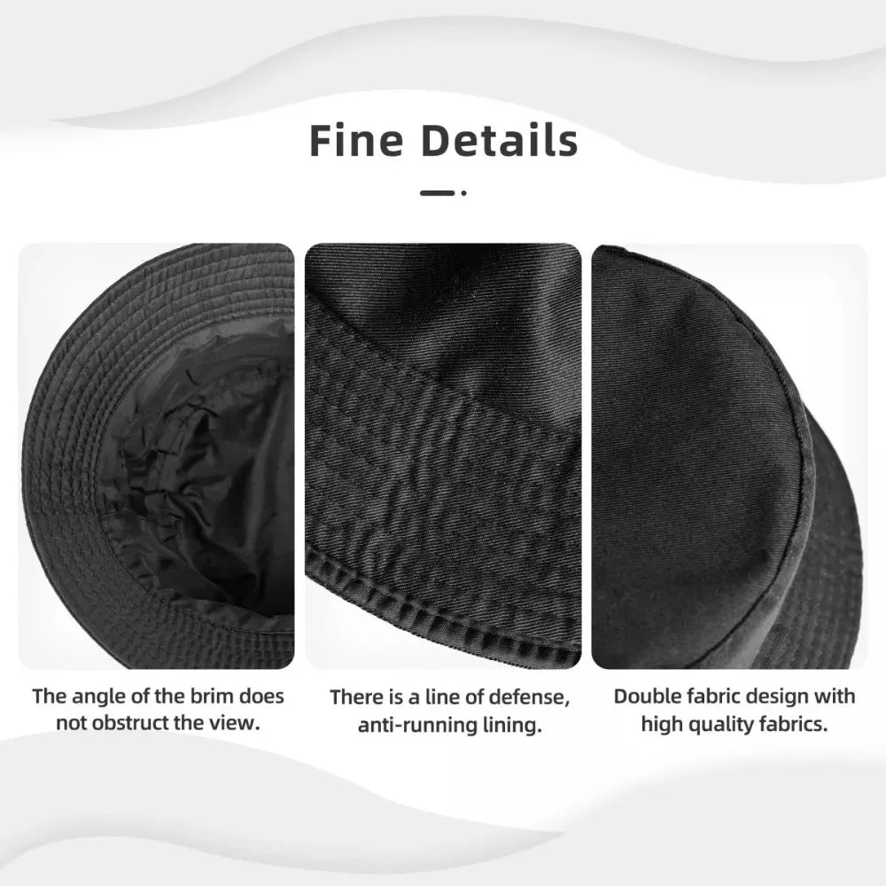 Black golf bucket hat UK  with detailed views of brim, lining, and fabric quality on a white background.