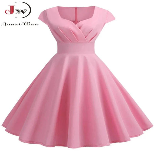 Pink Summer Dress Women - V-neck retro pin-up midi dress, ideal for parties and office wear. 