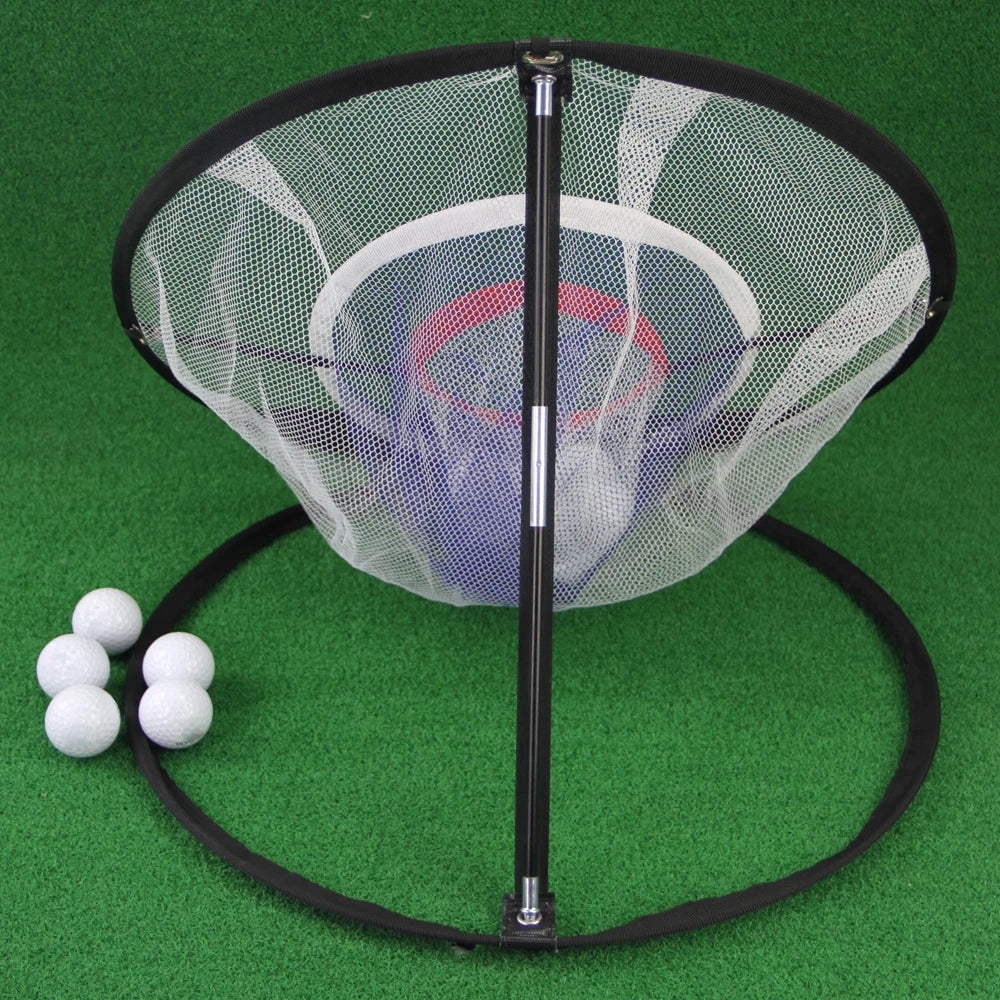 Golf practice net with a stand and golf balls on a green surface
