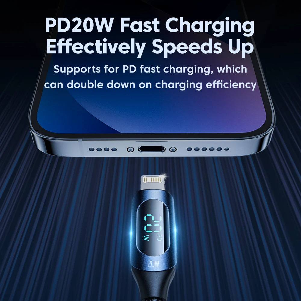 Smartphone with charging cable on a dark background, highlighting PD20W fast charging feature.