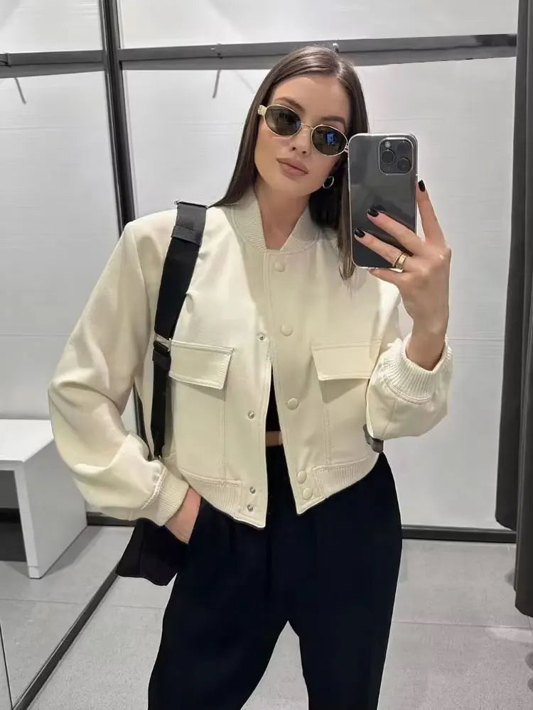 Women Fashion Bomber Jacket With Pockets Casual Vintage Outerwear Coat