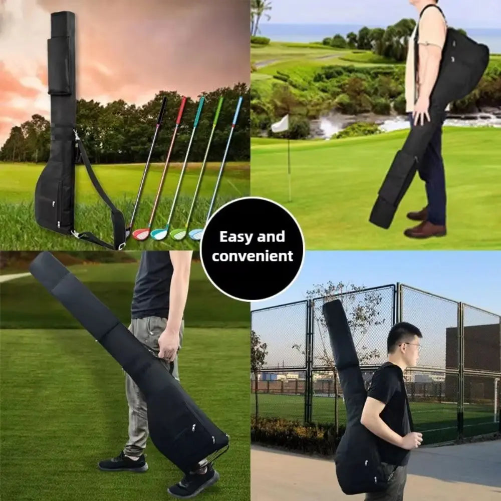 golf sunday bag UK -Golf club bag with golf clubs on a grassy field, showing its ease and convenience.