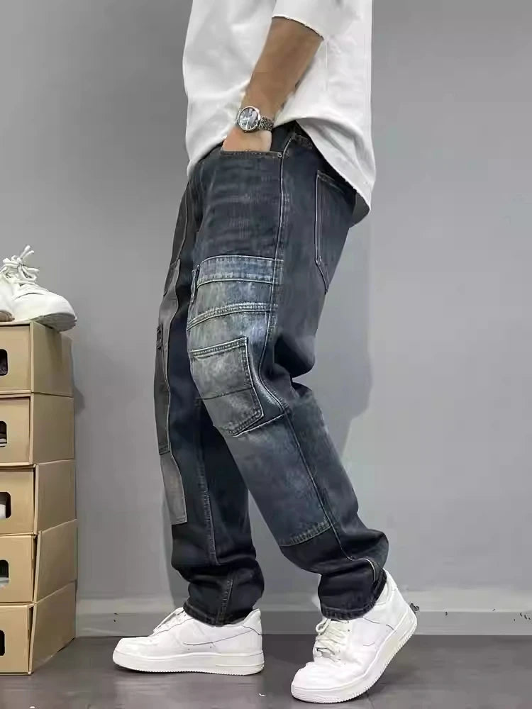 Patchwork Straight Leg Jeans Plus Size – Multi-Pocket Skater Denim