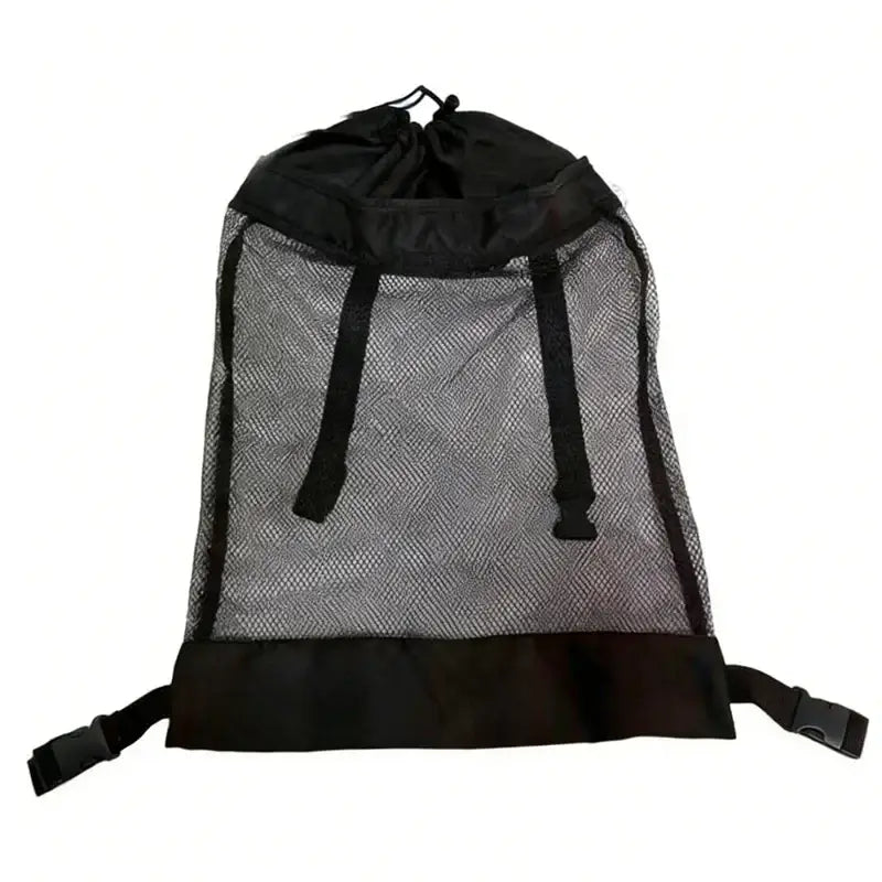 Black mesh drawstring bag on a white background