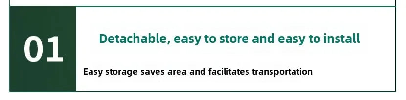 Text block highlighting detachable, easy storage, and installation features with a green background.