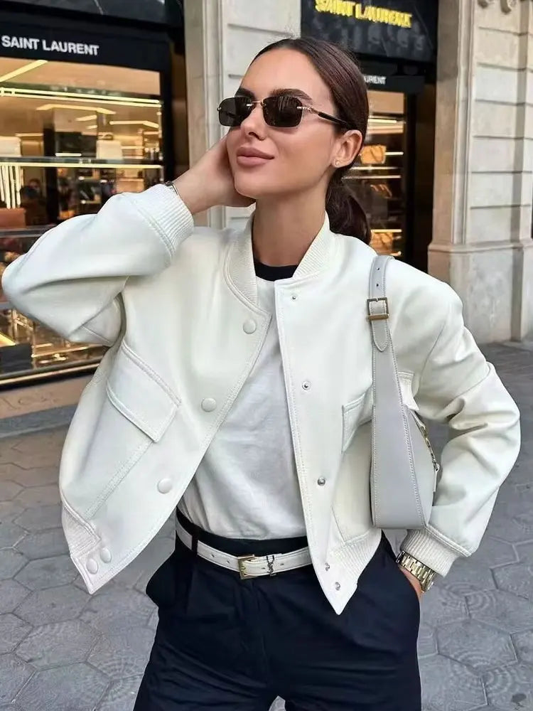 Women Fashion Bomber Jacket With Pockets Casual Vintage Outerwear Coat