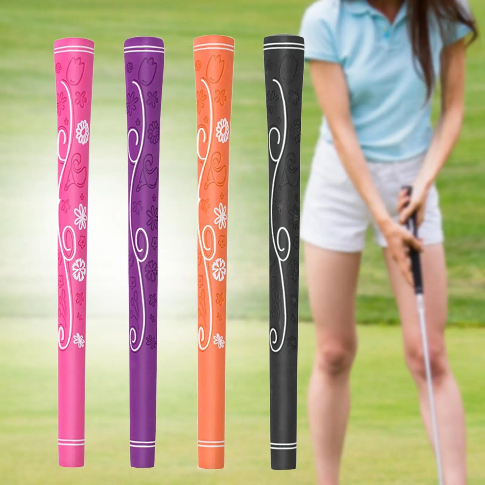 Women's golf grips in pink, purple, orange, and black, designed for comfort and control, perfect golf grips for women uk.