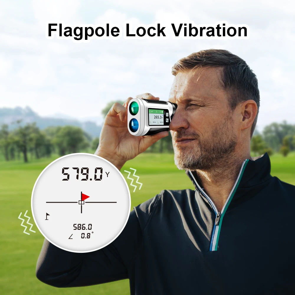 golf rangefinder with slope compensation UK - Man using a golf distance measuring device with a golf course background