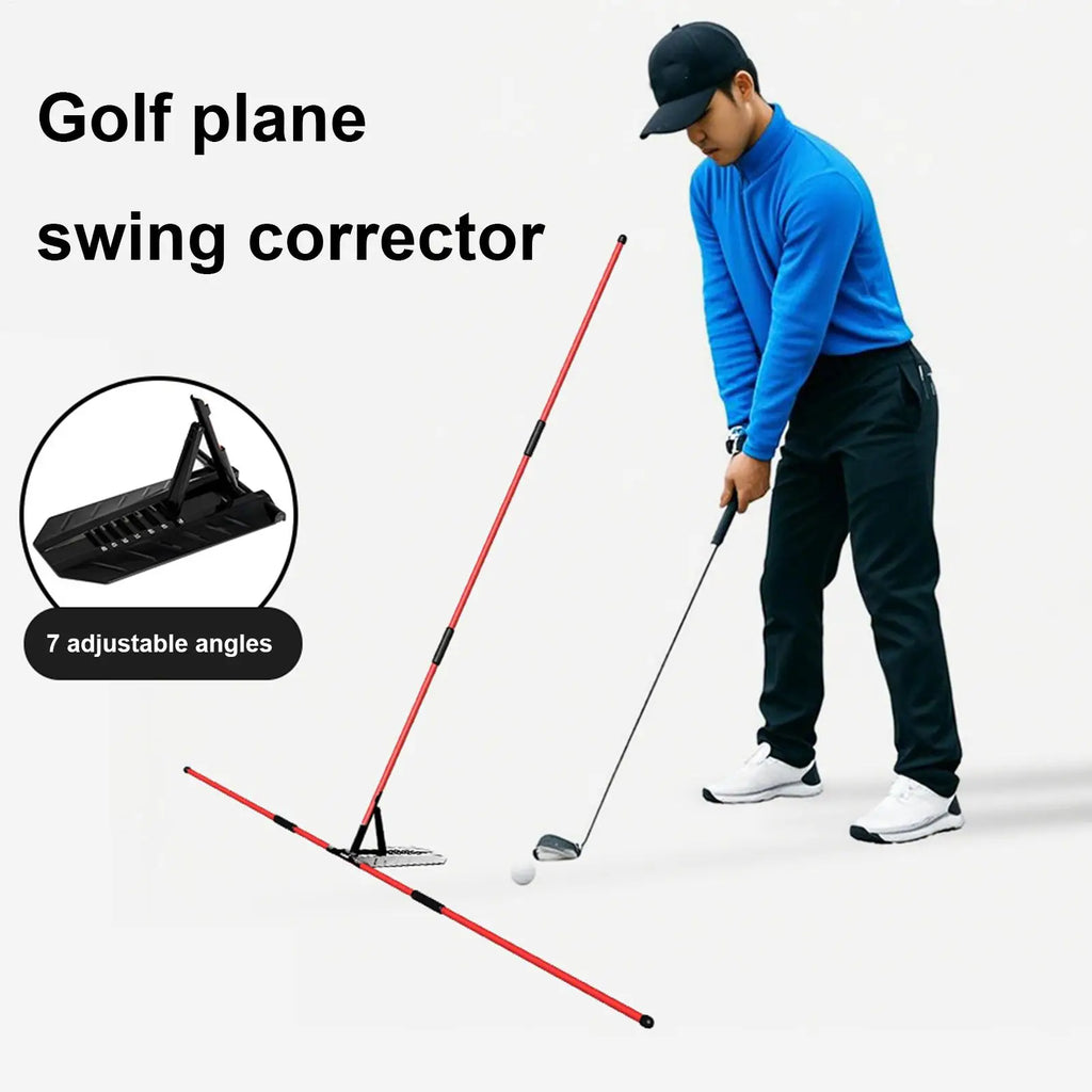 Golf alignment sticks UK - Person using a golf plane swing corrector with text indicating adjustable angles.