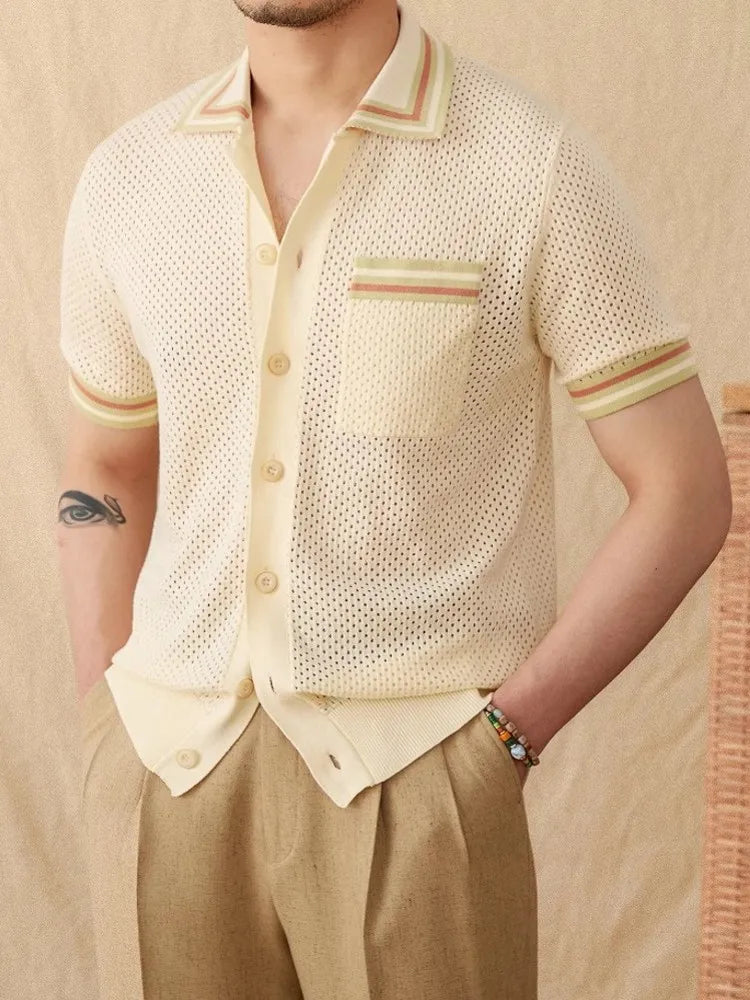 Summer Men's Breathable Hollow Out Knitted Shirt Business Casual