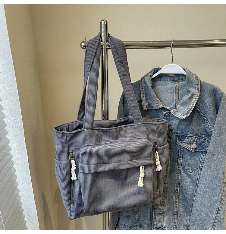 Multi-Pocket Corduroy Women’s Shoulder Tote Bag