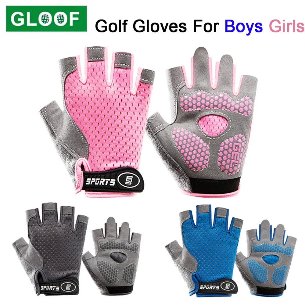 Kids golf gloves UK - Four pairs of fingerless golf gloves shown on a white background, with the top text 'Golf Gloves For Boys Girls' and a green 'GLOOF' logo. The gloves come in pink and blue colorways with gray palms and black grip pads.