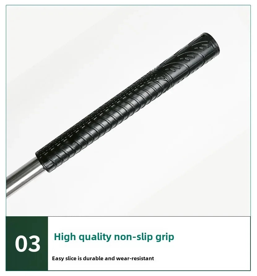 Black golf club grip on a white background with text describing its features.