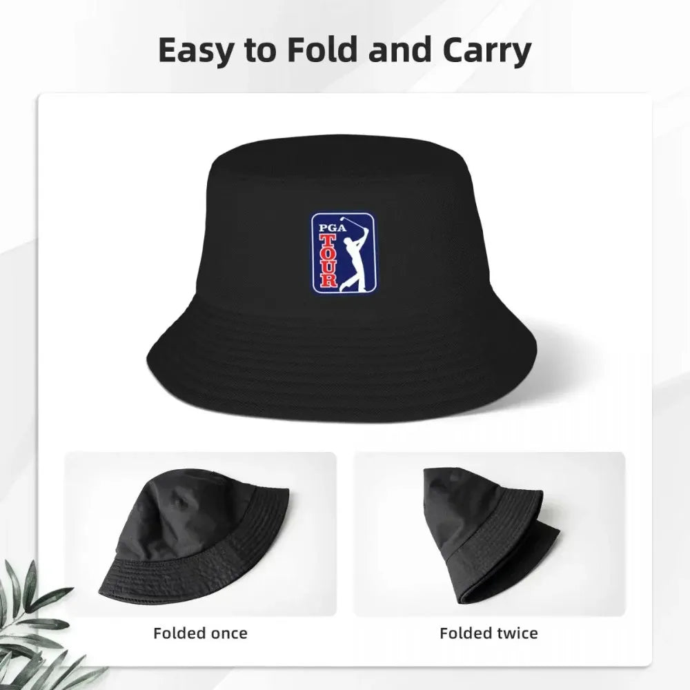 Black golf bucket hat UK with PGA Tour logo on a white background