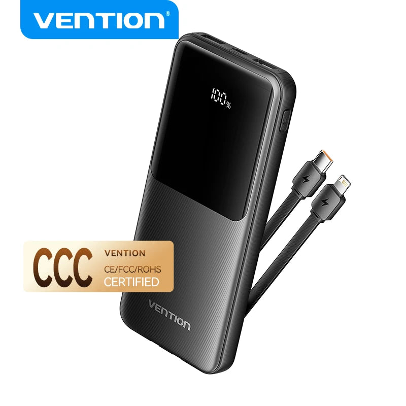 Vention CCC 22.5w 10000mAh Power Bank Built-in USB-C Cable Portable Fast Charger for iPhone