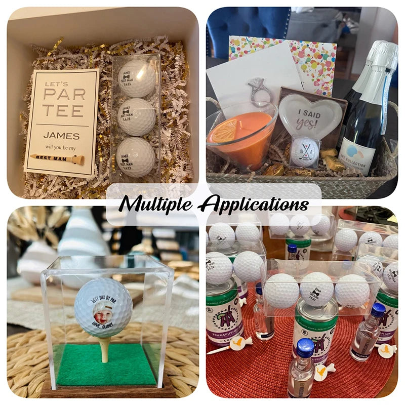 Personalised golf balls UK - A four-panel collage showing golf-themed party favors and accessories: a boxed set with golf balls in shredded paper, a gift basket with a candle, ring, card, and bottle, a single golf ball displayed on a stand, and multiple golf balls topped with small bottles on a table. A central overlay reads 'Multiple Applications.