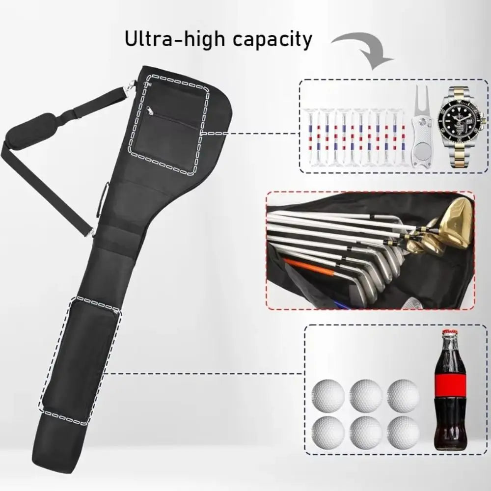 golf sunday bag UK - Golf club head cover with golf clubs, golf balls, and a bottle of Coca-Cola on a white background.