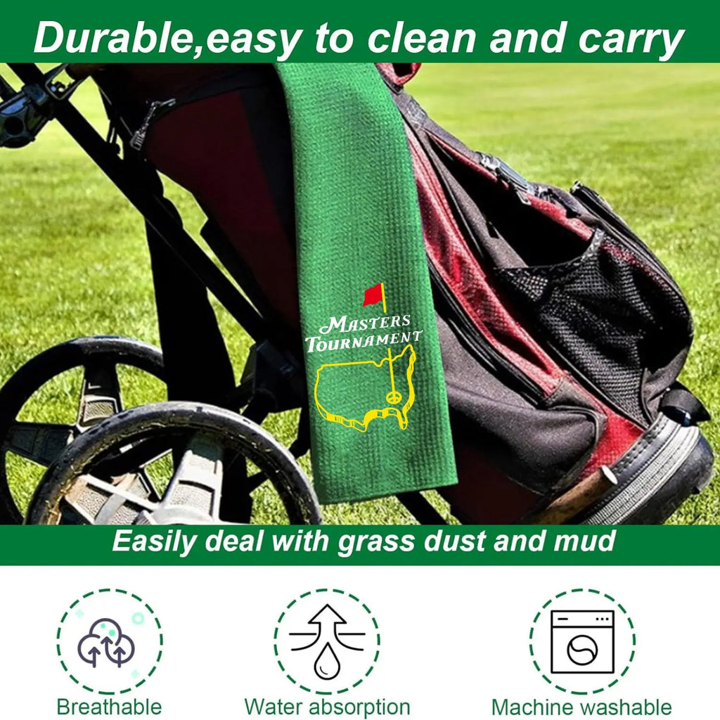 funny embroidered golf towel on golf bag with clubs