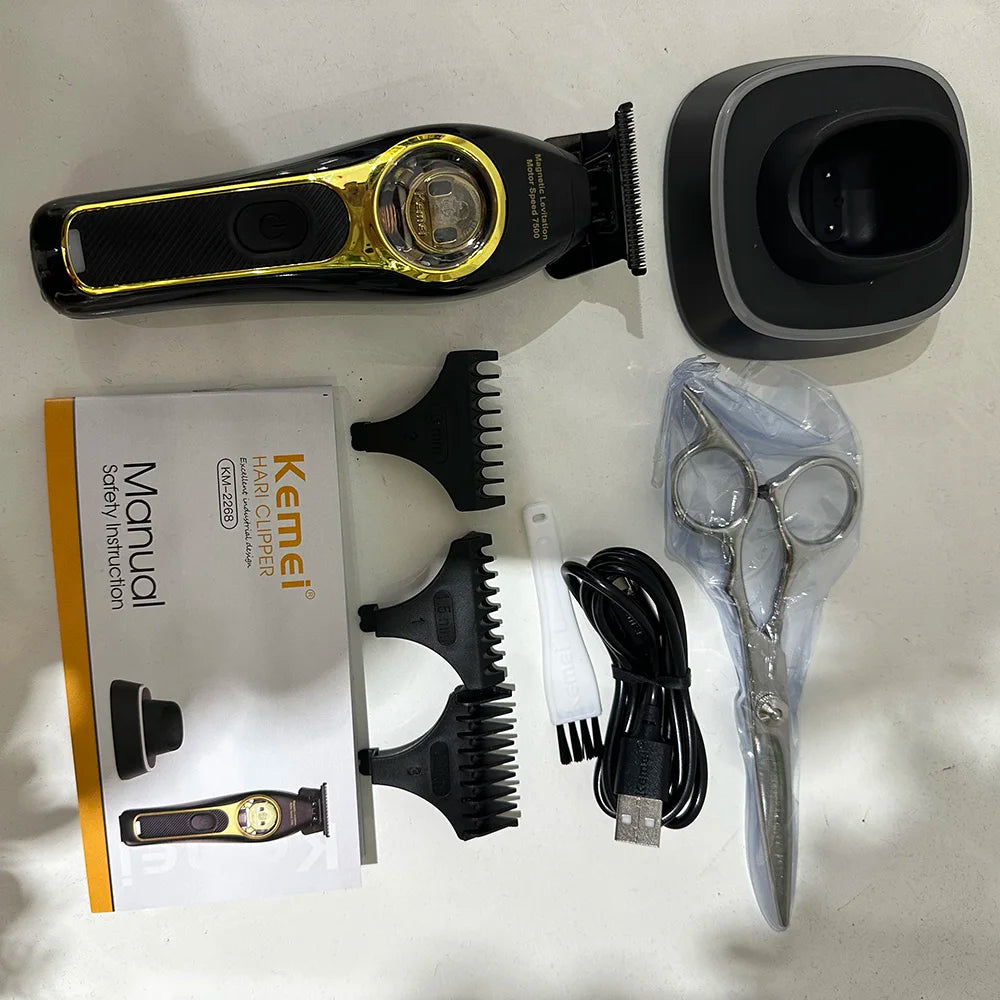 Kemei hair clipper set with packaging, scissors, and charging cable on a white surface