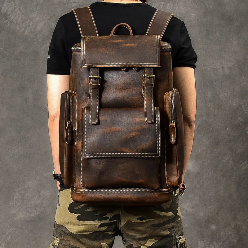 Vintage Crazy Horse Leather Men’s Hiking Backpack