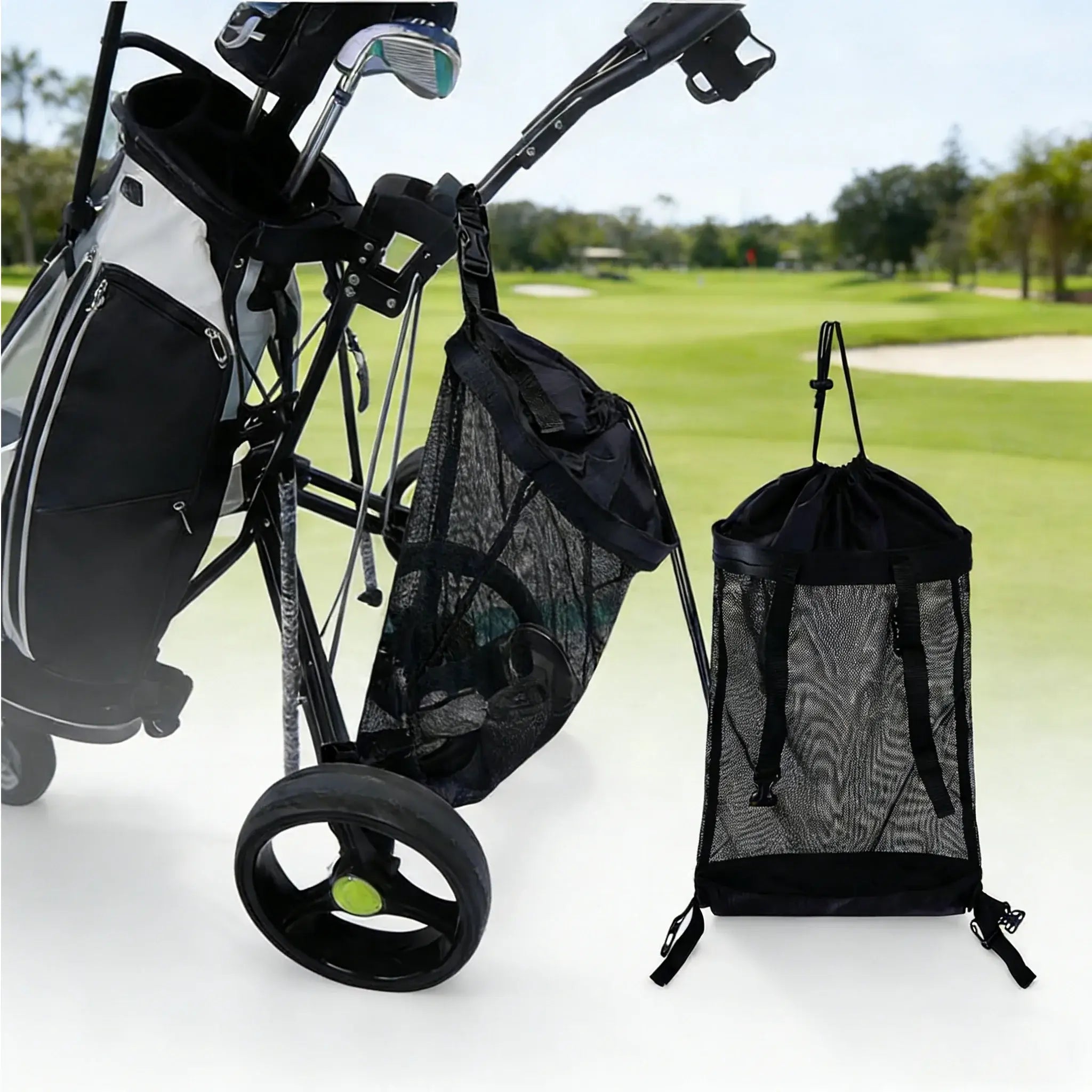 Black golf bag with clubs on a golf course and a matching black drawstring bag.