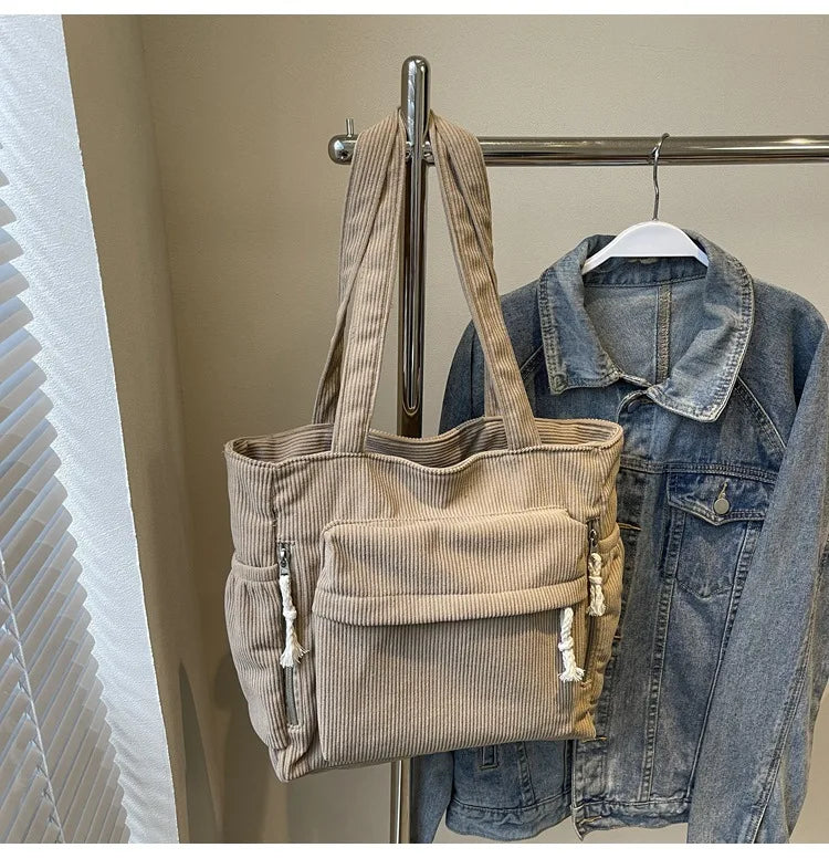 Multi-Pocket Corduroy Women’s Shoulder Tote Bag